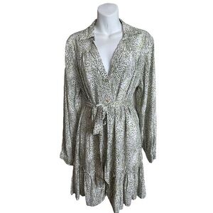 Lusana Button Up Mini Dress‎ Tie Waist Belt Green White Size M